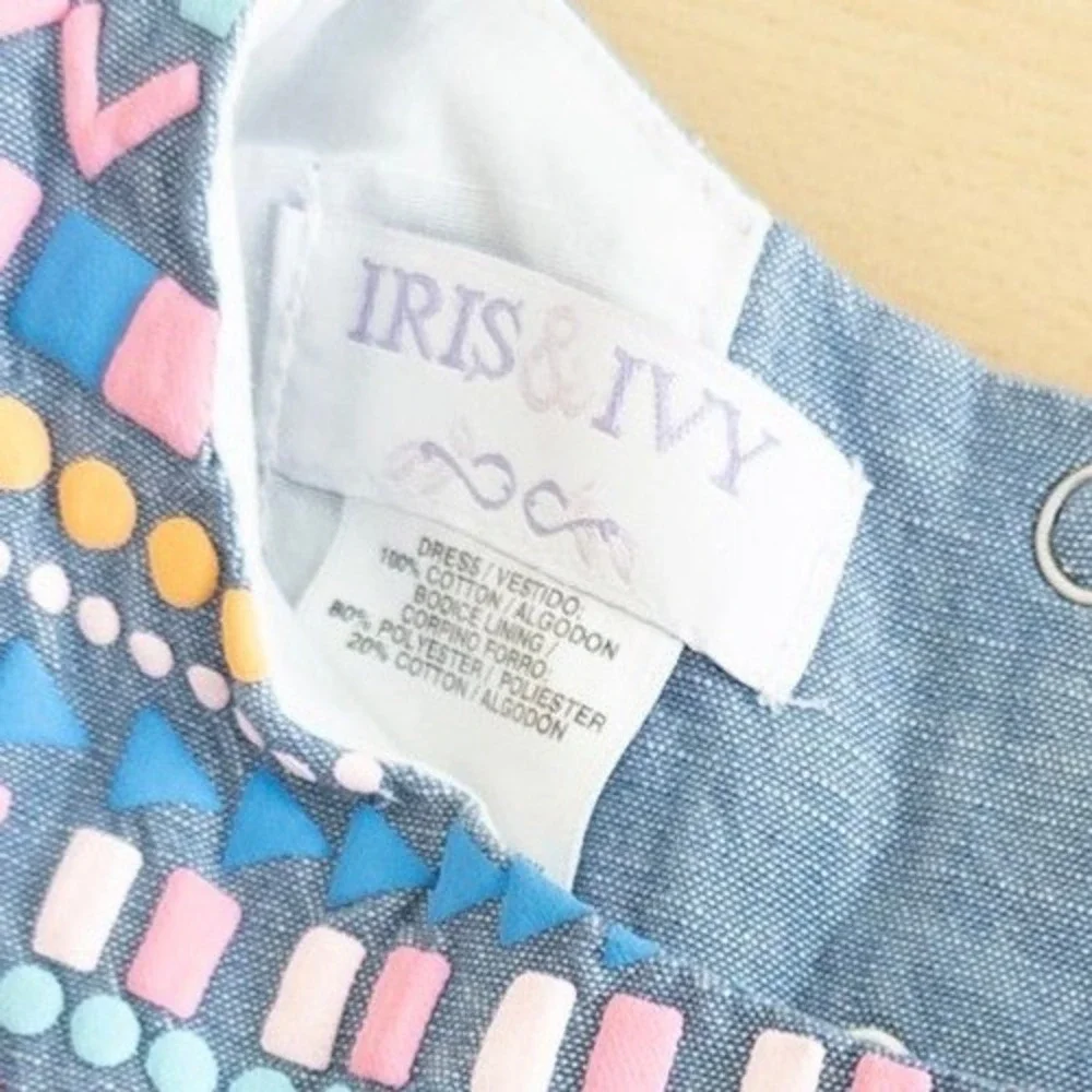 Iris & Ivy Girls Denim Dress Size 5 Blue Chambray Geometric Embroidered‎ Pom Pom